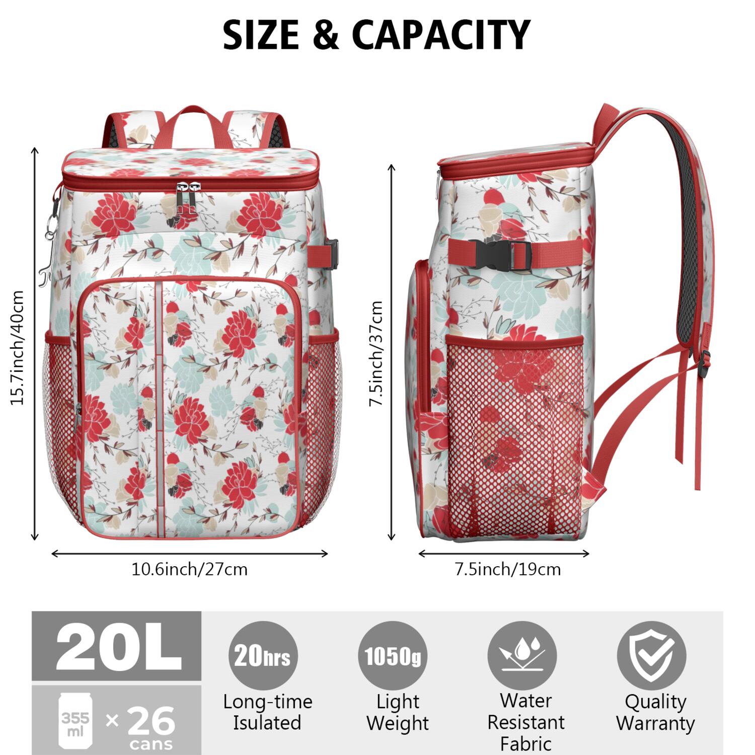 Travel Cooler Bag - Pioneer Flower Floral Print Pattern Camping Beer Cooler Backpack with Bottle Opener- Waterproof Insulated Picnic Backpacks - Cooler Bag for Beach