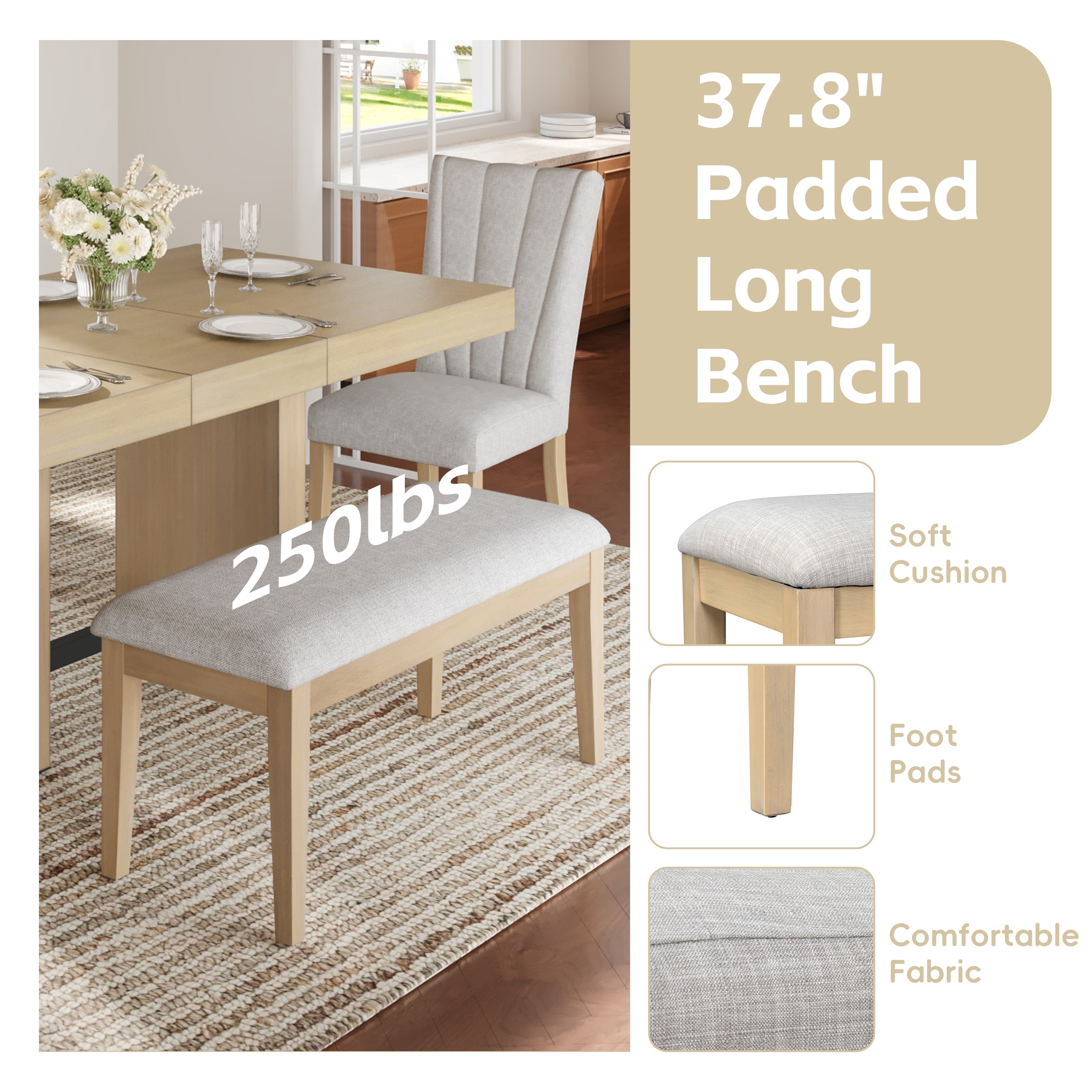 6 Piece Dining Table Set for 6, 58"-76" Extendable Dining Table with Bench and 4 Upholstered Chairs