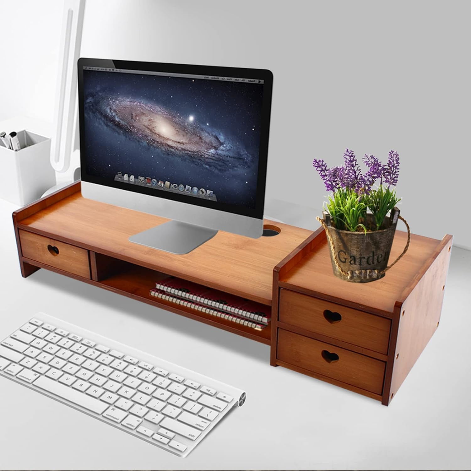 Monitor Stand Riser with 3 Drawers 2-Tier Bamboo Wood Computer Riser for Desk Home Office Desktop Stand Storage Organizer for TV Laptop Computer PC