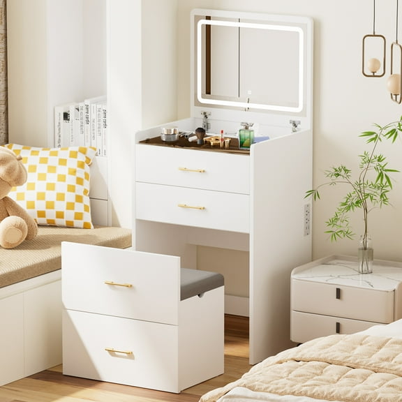 Jopath White Makeup Vanity Set with Mirror & Lights,3 in 1 Vanity Desk with 3 Drawers & Upholstered Stool