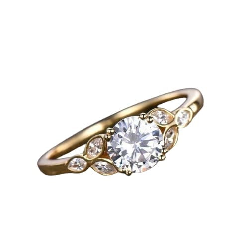 HeartsAndYou 1.5ct Round Cut Moissanite Engagement Ring for Women Leaf Marquise Accent 18k Yellow Gold Over Silver