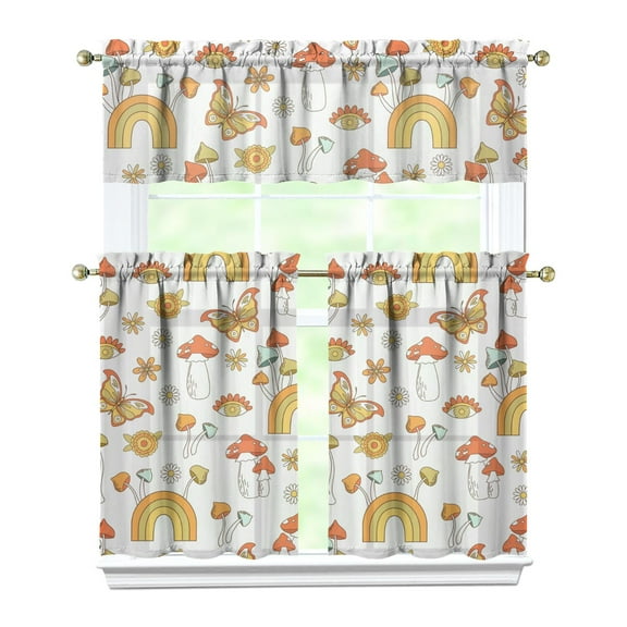 Kitchen Curtains 36 Inch Short - 3 Panel Set, Rod Pocket Window Curtain with Boho Vintage Mushroom Print, 100% Polyester for Farmhouse, Cafe, Kitchen, Bedroom, Easy Wash