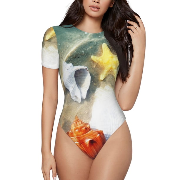Balery Seashell On The Beach Body de cuello redondo de manga corta para mujer Tops de manga corta Tops básicos-Large