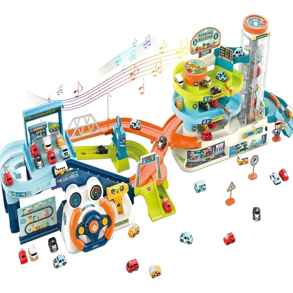 2-in-1 Race Car Tracks PlaySet, Toy Car Ramp Track and Lifting Parking Lot, Dual Mode Toddler Car Track Toy Playset with 6 Cars, Automatic Rotary Elevator, Steering Wheel Music Driving
