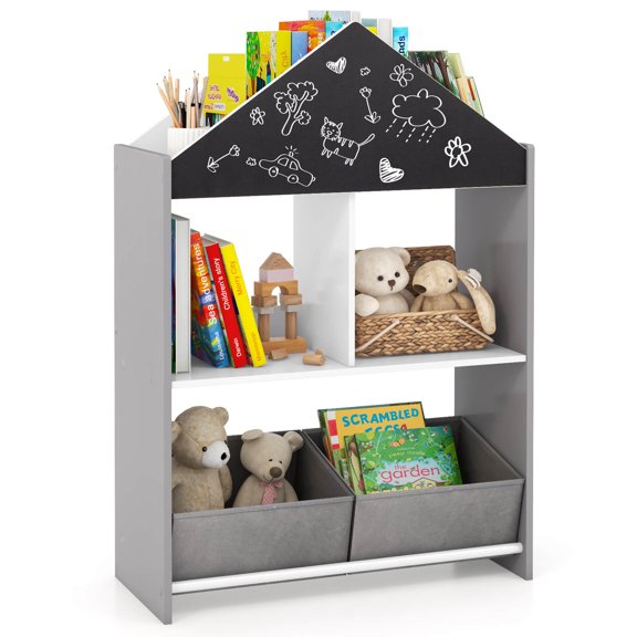 Costway Kids Dollhouse Bookshelf with Writable Chalkboard Whiteboard 4 Top Compartments Gray