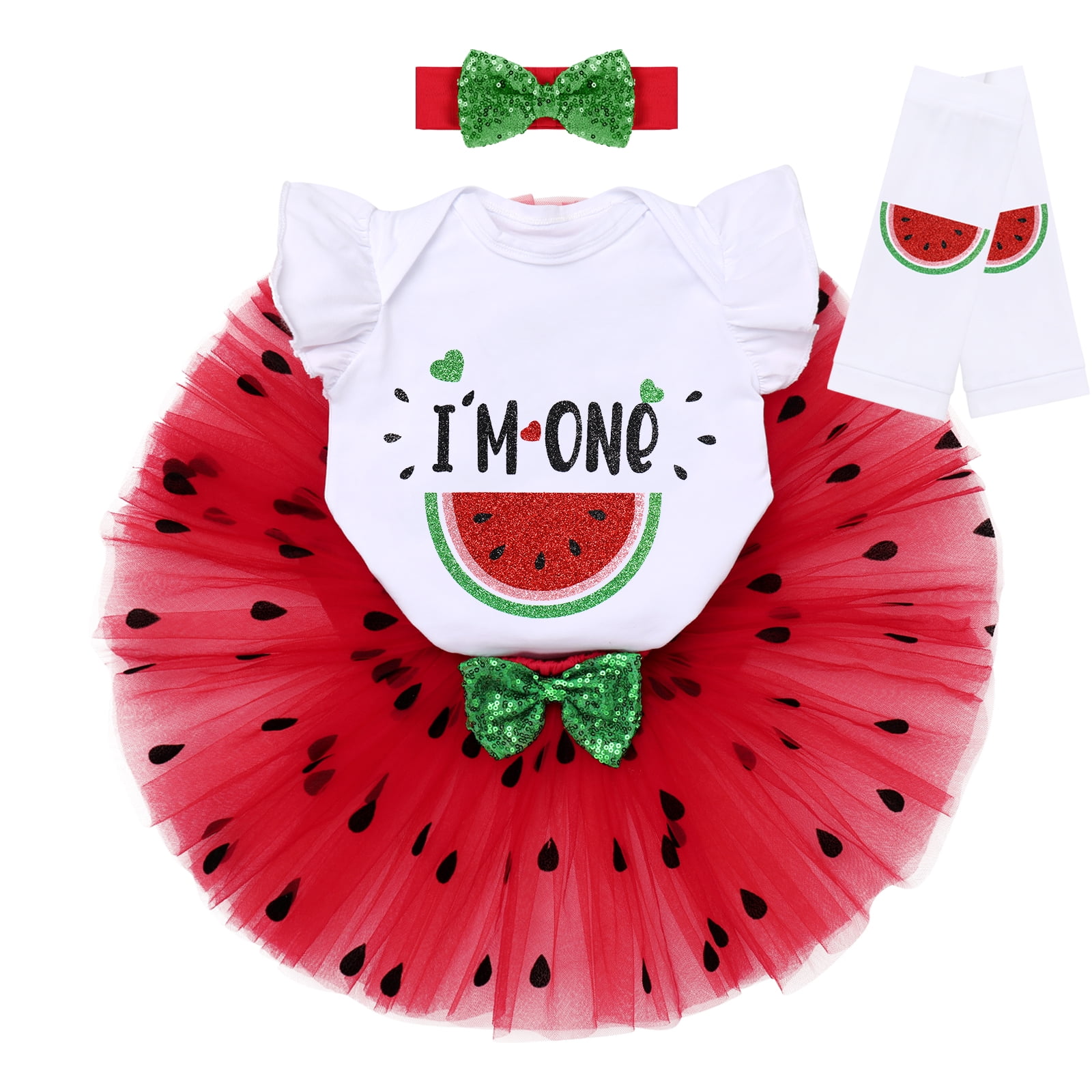 IBTOM CASTLE Baby Girls Watermelon 1st/2nd Birthday Outfit Princess Ruffle Romper Tutu Skirt Leggings Headband 4pcs Clothes Set 12 Months Red-I'm One