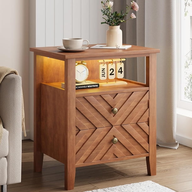 Led night stand - 2 almacenamiento cajones, stable madera legs, rural style v-shaped design y abiertos almacenamiento estante - rustic madera bedside mesa dormitorio y sala estar (1 piece, brown)