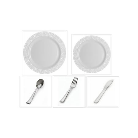 

Inspiration White with White Lace Border 10 Dinner Plates + 7 Salad Plates + Cutlery *Party for 120*