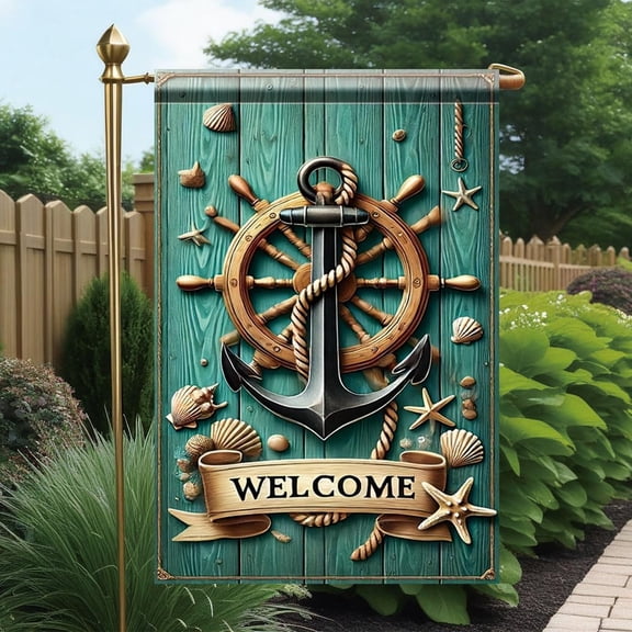 Nautical Anchor Welcome Garden Flag Double Sided Outdoor Yard Banner Marine Wheel Seashell Starfish Design 12 x 18 Inch for Beach Coastal Patio Summer Decoration