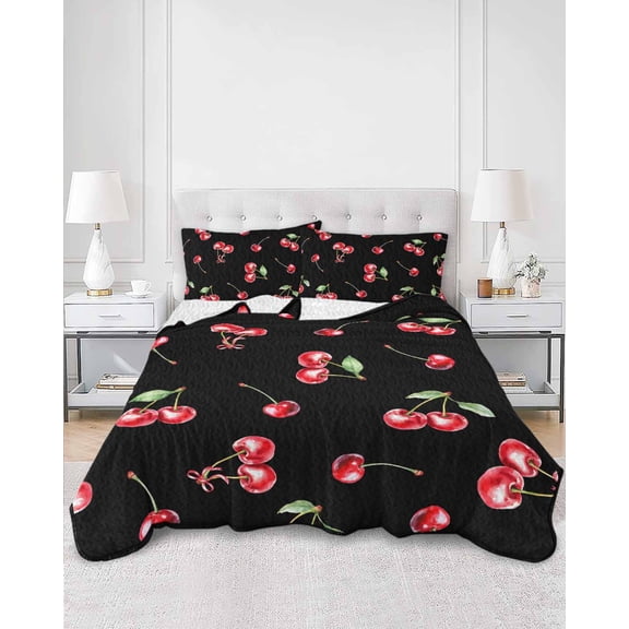 Quilts King Size, Cherry Rustic Soft Comforter Bedding Set for Bed, Spring Summer Tropic Fruit Black Lightweight Quilted Bedspread with Pillow Cover(2 Pieces) for All Season, 96x106 Inch