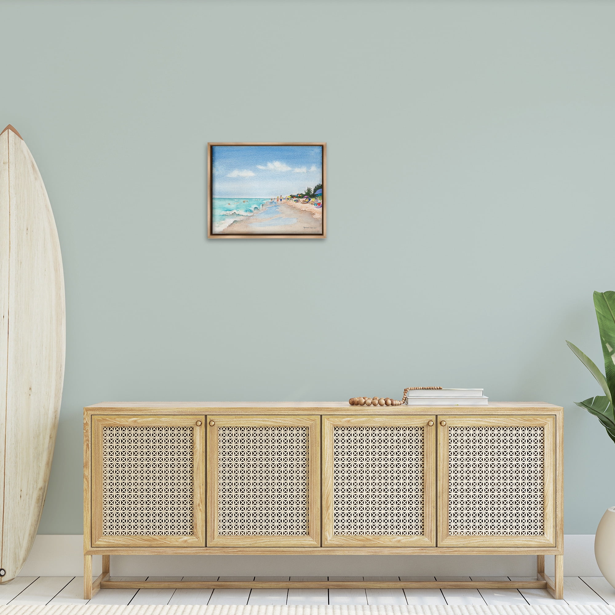 Stupell Industries Traditional Beachgoers View Landscape Painting Brown Floater Framed Canvas Art Print Wall Art, 21 x 17