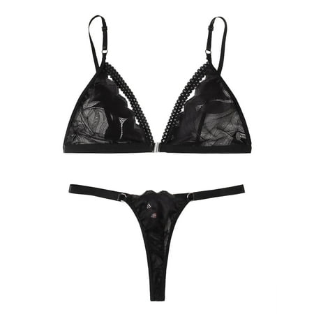 

Dtydtpe lingerie for women Womens Lace Unwired Bra Thong Perspective Temptation Three Point Lingerie Set bras for women no underwire Black
