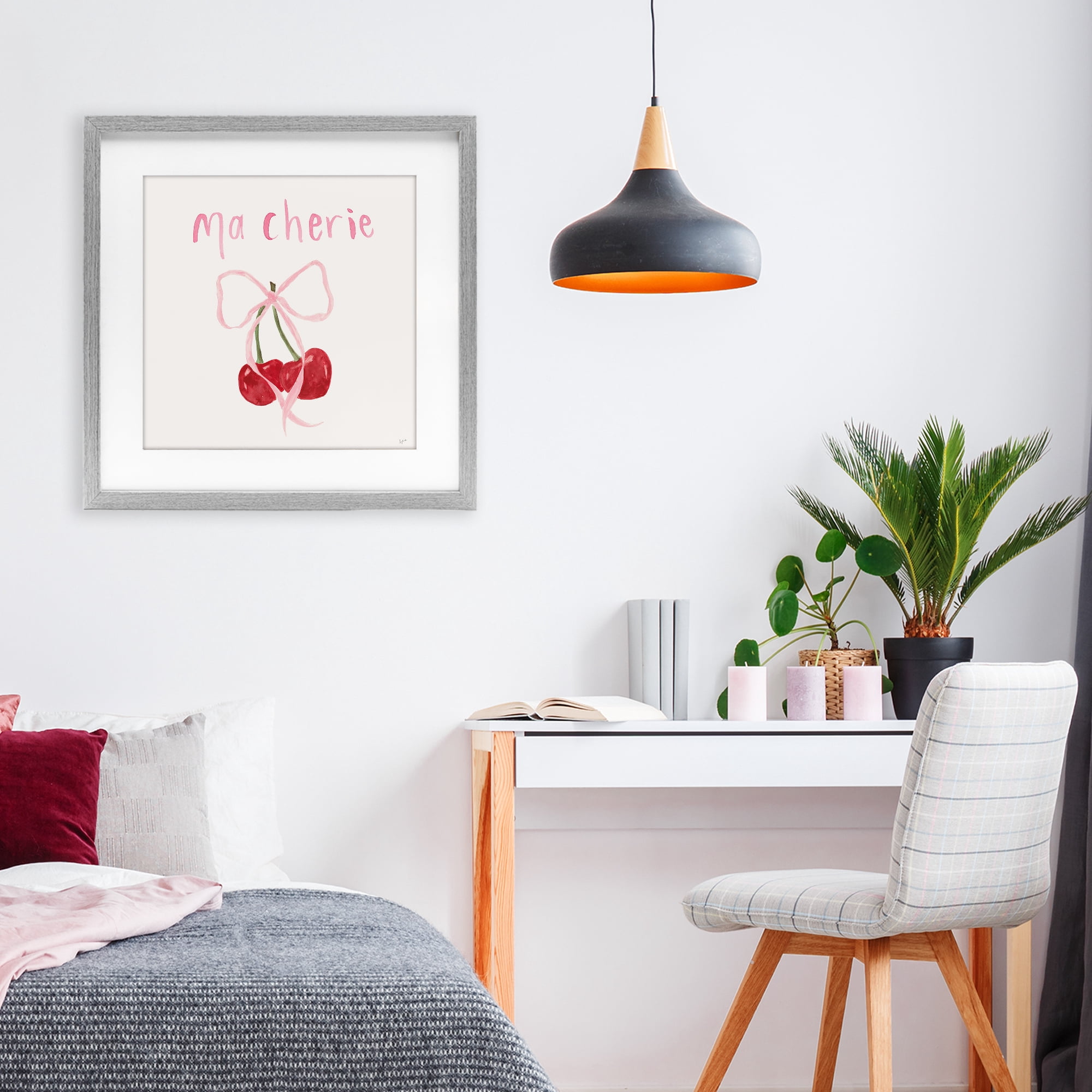 Stupell Industries Ma Cherie Ribboned Cherries Gray Framed Print Under Glass, design by Lucille Price