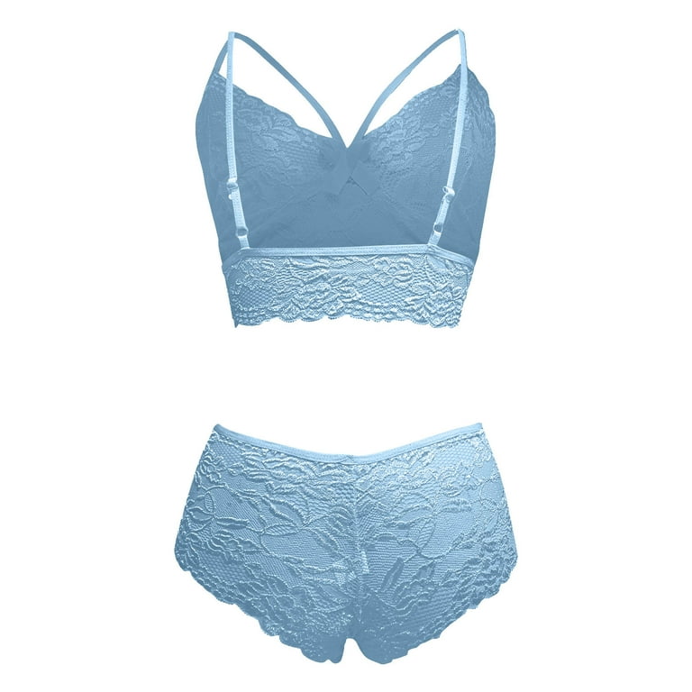 Baby Blue Embroidered Lace Strappy Lingerie Set
