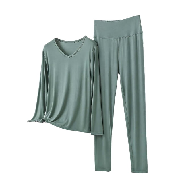 Conjunto de Ropa Interior Larga de Mujer con Cuello en V Lencería de Manga Larga Conjunto de Ropa de Dormir, Pijamas Cómodos Y Suaves para Relajación Casual en el Hogar