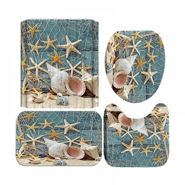 3D Digital Printing Shower Curtain 4 Pieces 71x71in Summer Beach Print Starfish Shell Bathroom Set For Home / Hotel / Party Decoration