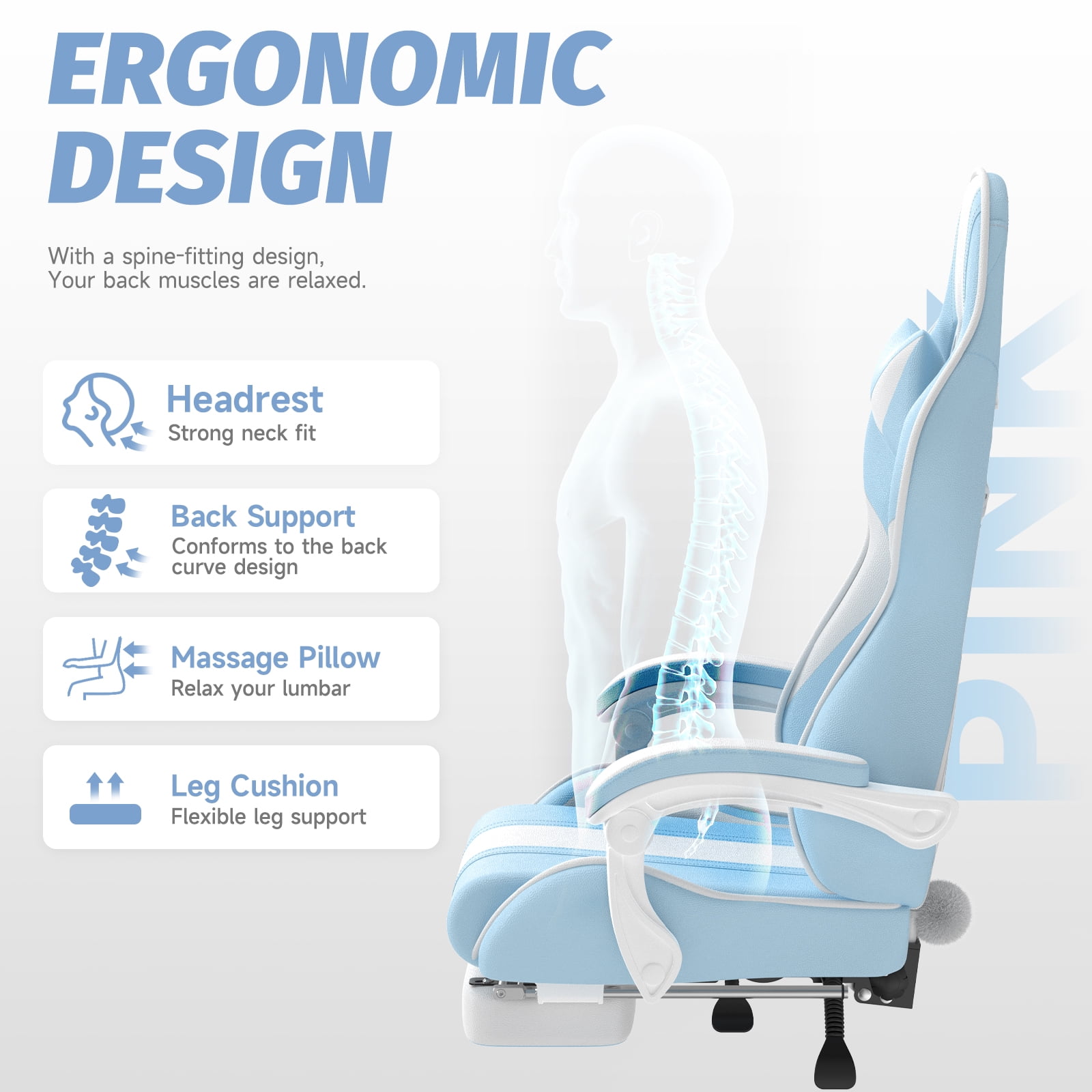 SOONTRANS Blue Gaming Chair, High Back Gamer Chair with Footrest, Reclining Adjustable Game Office Chairs Massage Pillows for Girl  Gift Present