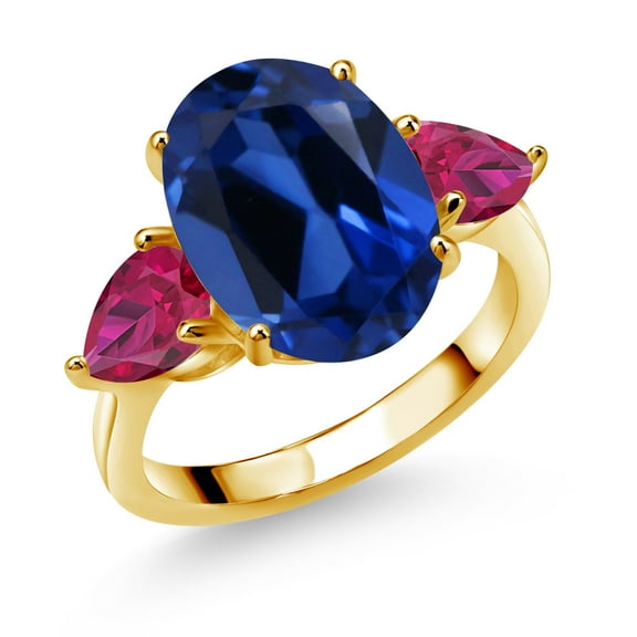 Gem Stone King 18K Yellow Gold Plated Silver Blue Simulated Sapphire and Red Created Ruby Ring for Women (8.00 Cttw, 14X10MM Oval and 7X5MM Pear Shape, Gemstone, Size 6)