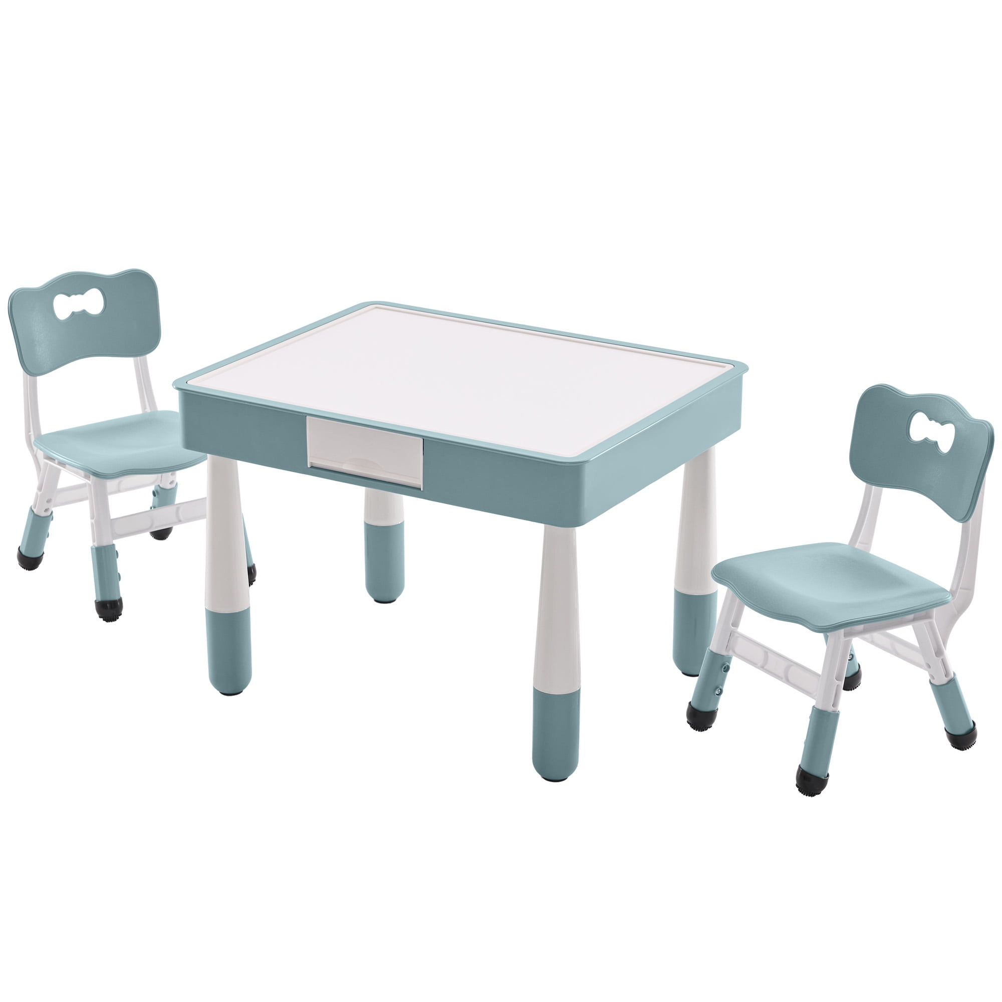 DOREROOM 4 in 1 Kids Table and 2 Chairs Set with Storage, Toddler Table and Chair Set for Kids Ages 3-10, Graffiti & Building Blocks Double-Sided Tabletop (Grayish Blue, 2 Chairs)