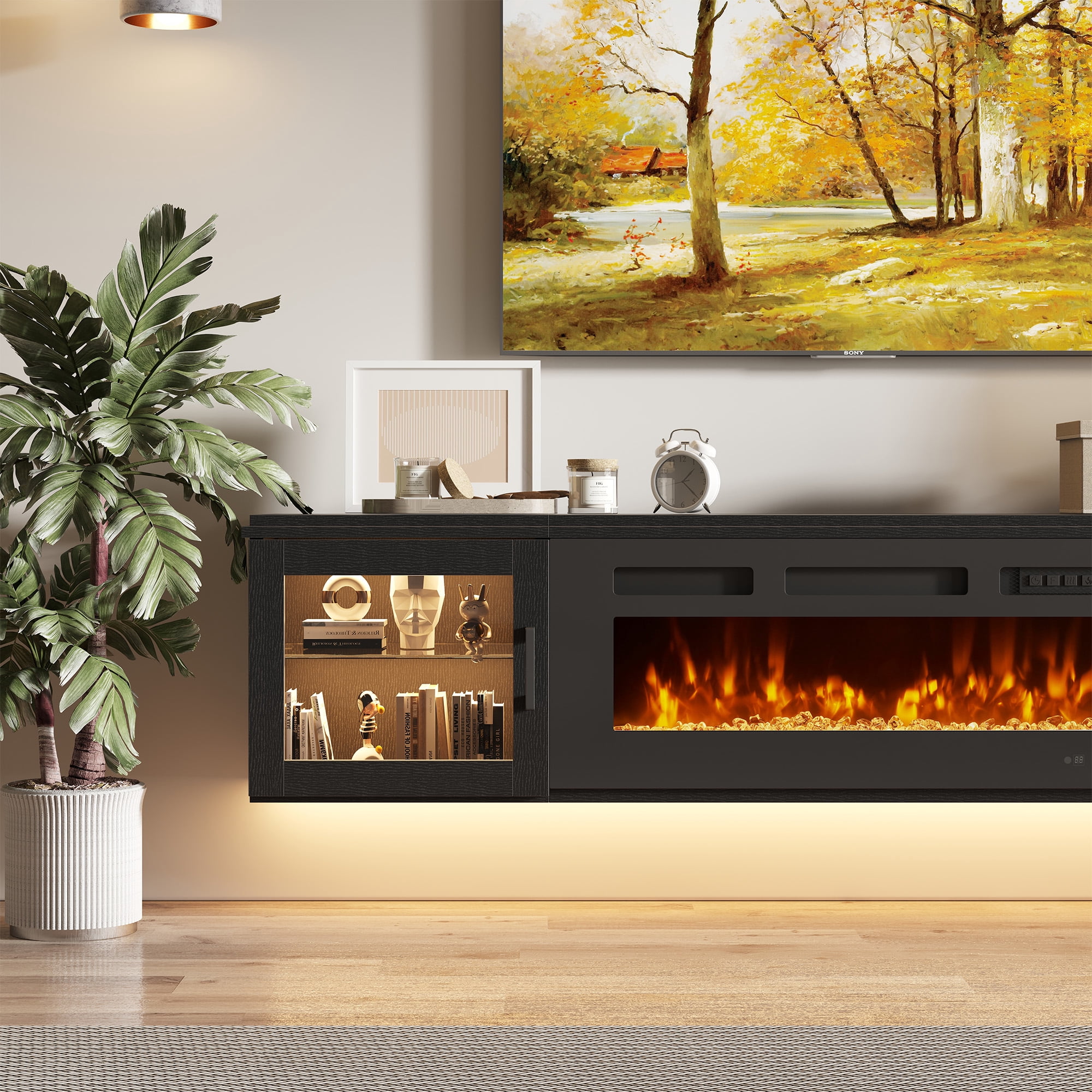 BaPiPro 70" Floating TV Stand for TVs up to 80", Wall Mounted Entertainment Center with 36" Electric Fireplace Heater, LED Lights, Black