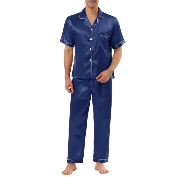 INSPIRE CHIC Men's Classic Satin Pajama Sets Short Sleeves Button Down Nightwear Sleepwears Loungewear S Blue