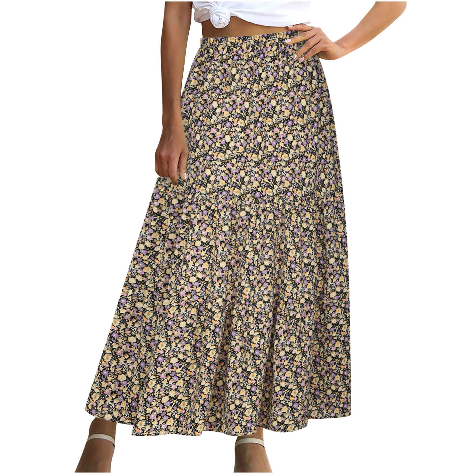 Women's Boho Floral Print Maxi Skirt Elastic High Waist Ruffle Tiered ...