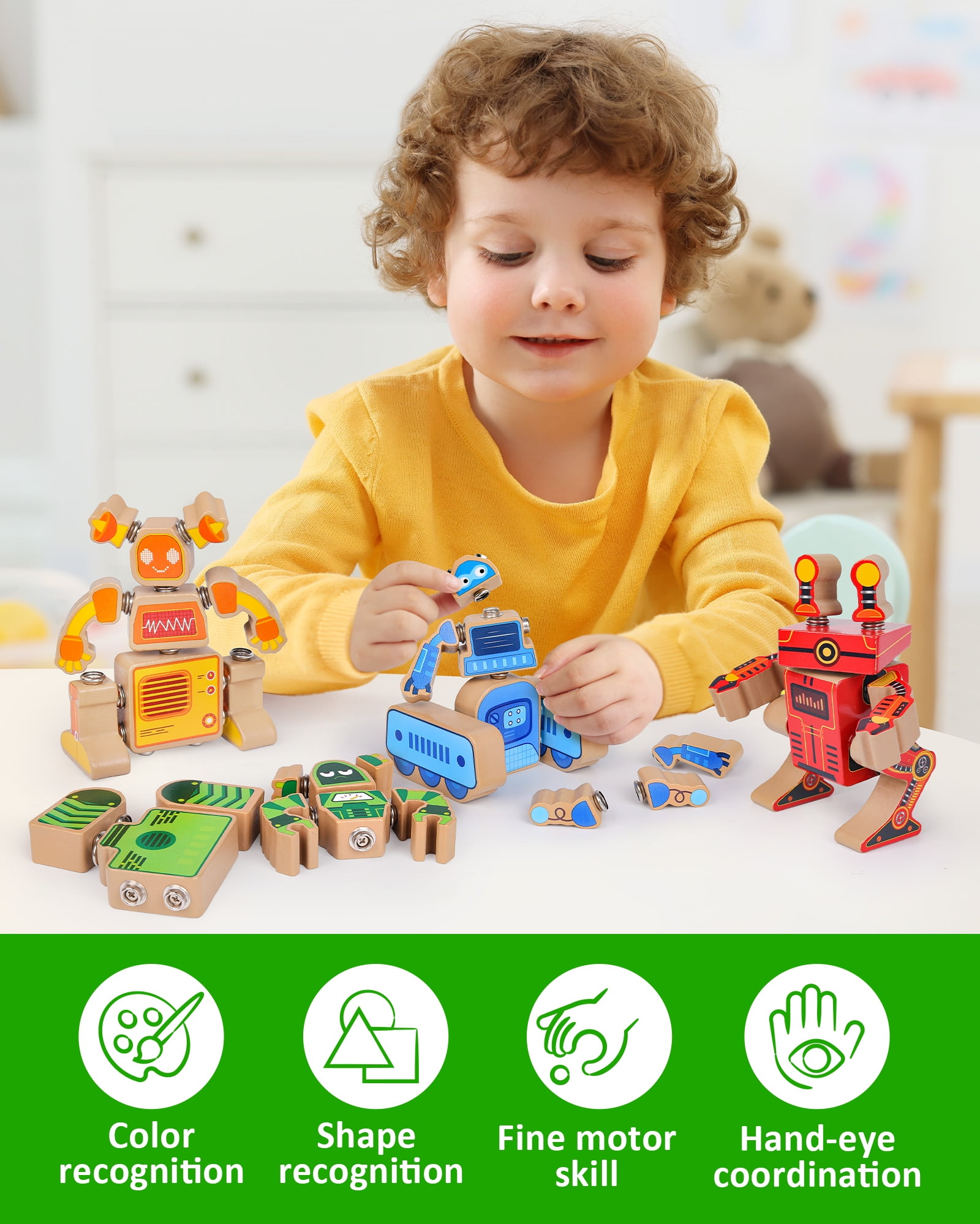 Coogam Fine Motor Building Robot Blocks for 3 4 5 Years Old, Wooden Snap Together Robot Builders, STEM Take Apart Robot Playset, Educational Learning Toy for Boys Girls