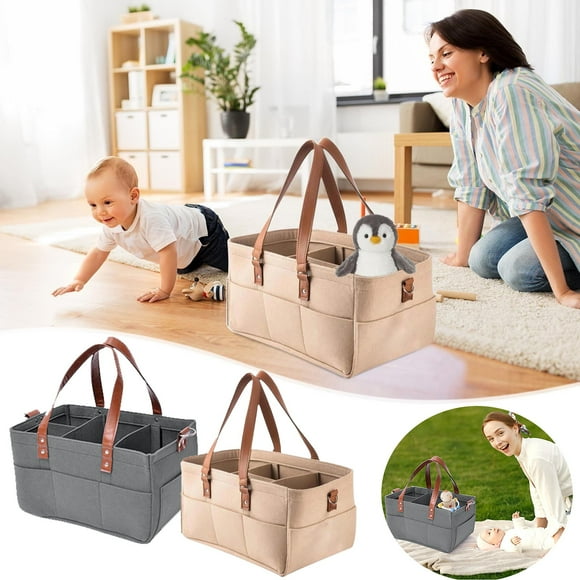 Lekihaqq Portable Foldable Storage Organizer Water Resistant Bag With Removable Compartments Leather Handle Gray Brown for Baby Nursery Diaper Travel Car Storage