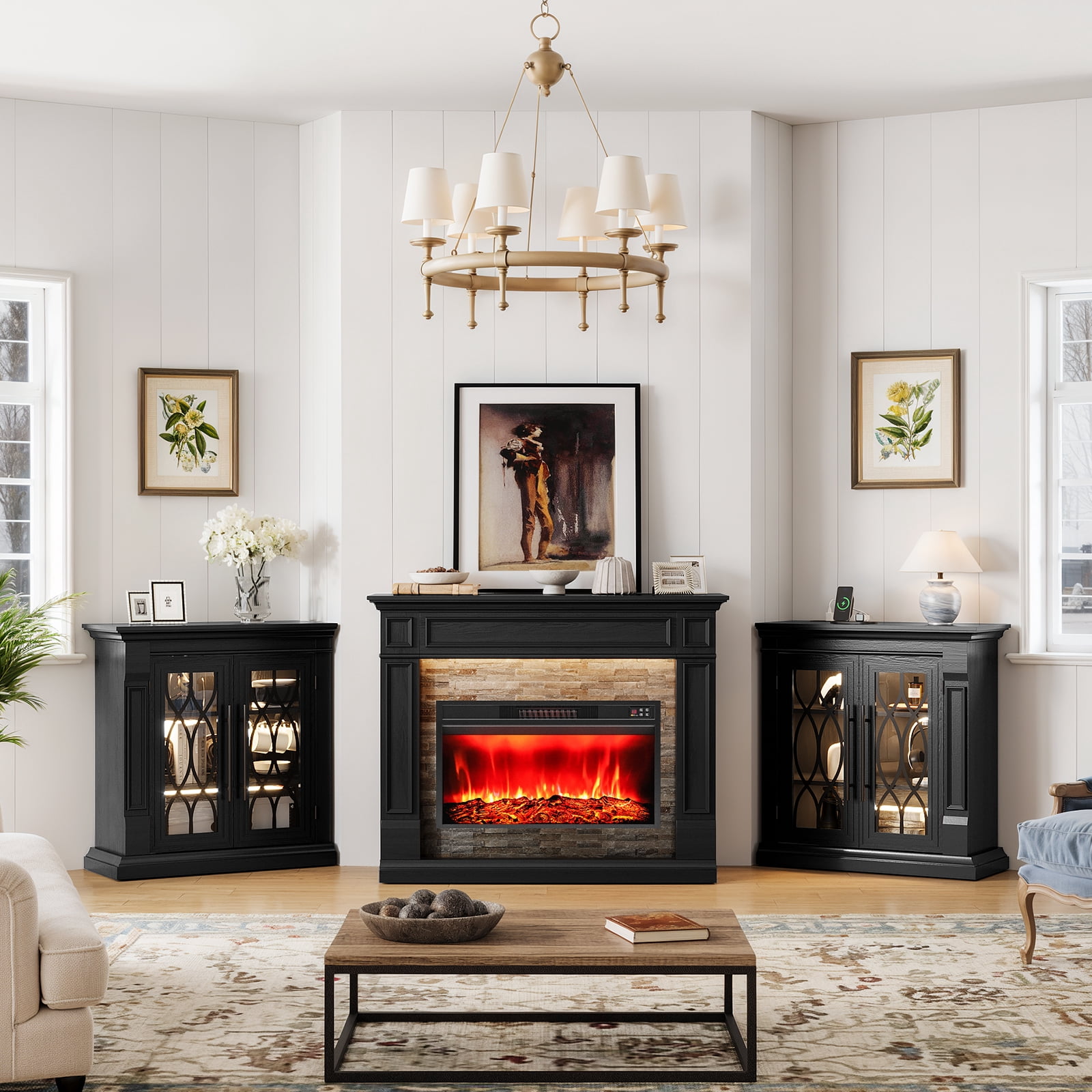 Holliwill 104" Fireplace TV Stand with 30" Electric Heater & LED Lights & Power Outlets, Modern Farmhouse Entertainment Center with Storage Cabinet for Living Room, Large Fireplace with Mantel, Black