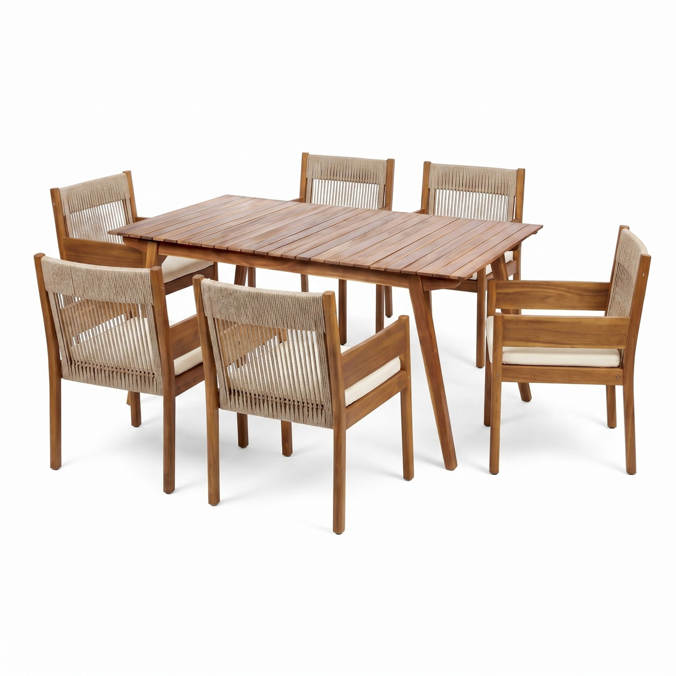 Christopher Knight Home 7-Piece Wooden Patio Dining Set, 68.5" Table with 6 Rope Chairs, Teak+Beige