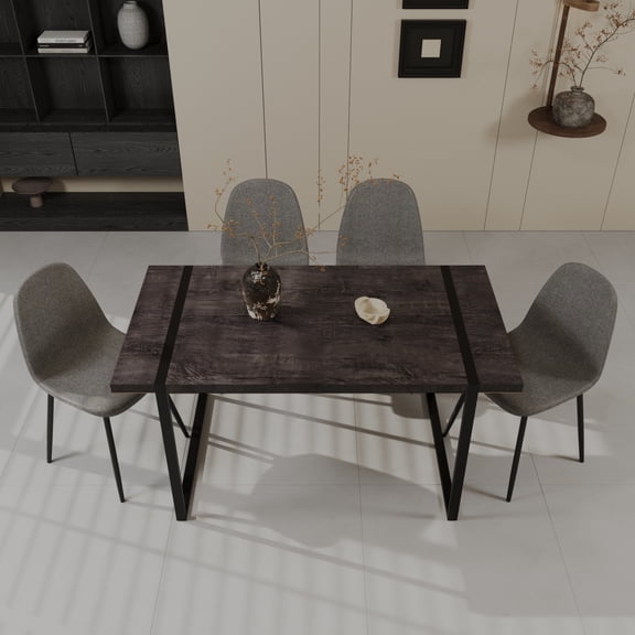 Pinovk 59" MDF black wooden dining table and modern dining chair set of 4 pieces, medieval wooden kitchen dining table set, black rectangular metal base, dining table and suede chair set