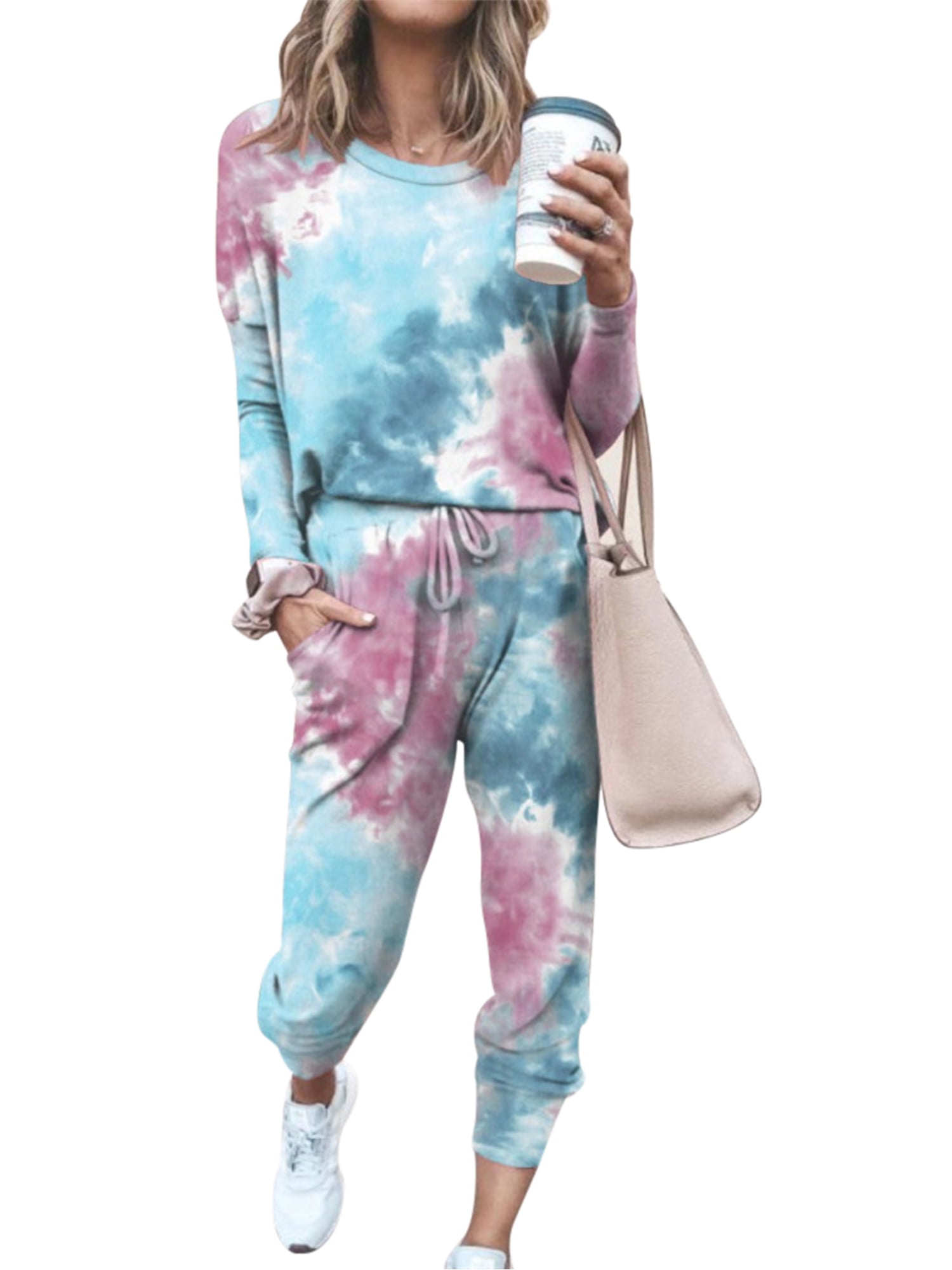 Womens Tie Dye 2 Piece Outfits Long Sleeve Top Wide Leg Pants Loose Sweatsuit Set 