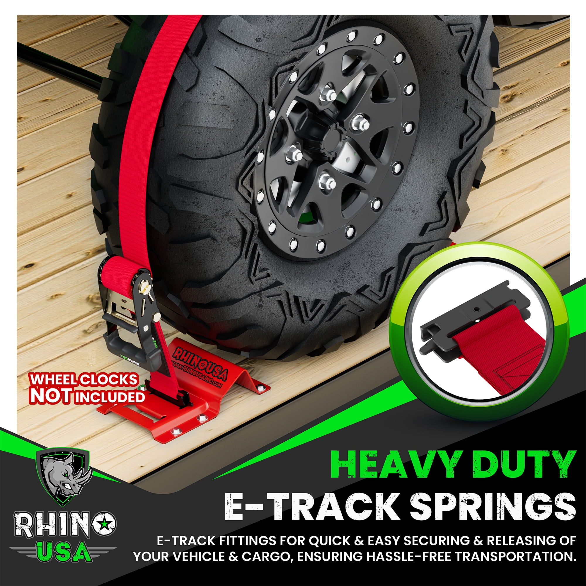 Rhino USA E Track Ratchet Tie Down Straps (4,500lb Break Strength) - w/ (2) Premium 2" x 16' eTrack Tie Down
