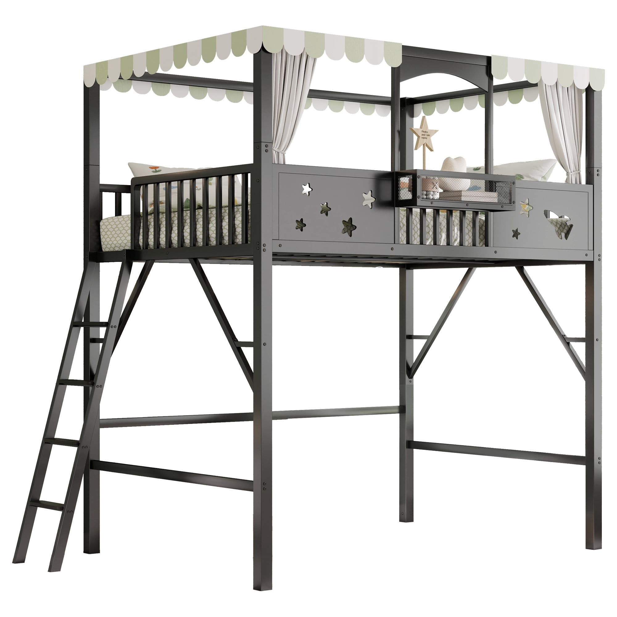 Leumius Full Size Loft Bed with Ladder and Storage Shelves,Metal High Loft Bed for Bedroom,Black