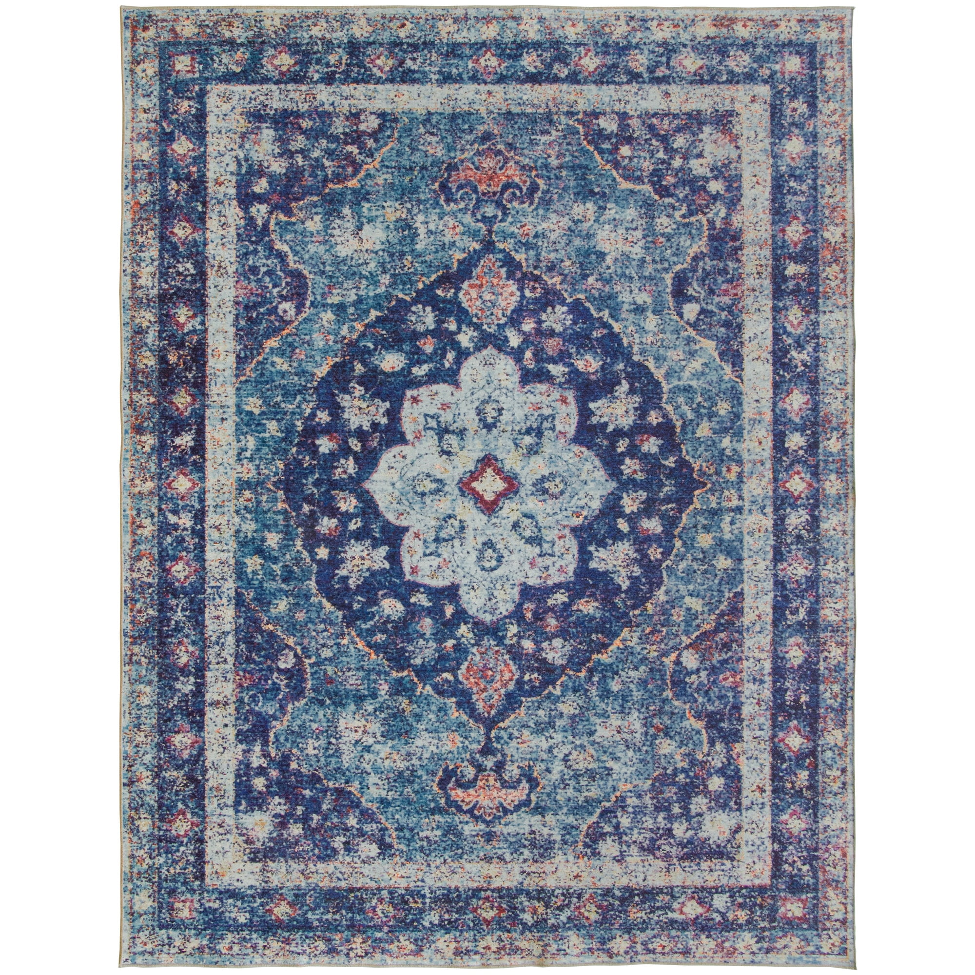 ReaLife Rugs Machine Washable Vintage Distressed Medallion Blue Eco