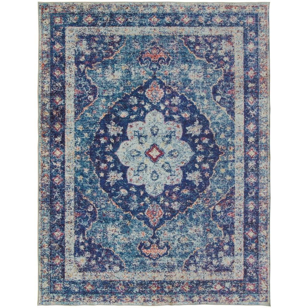 ReaLife Rugs Machine Washable Printed Vintage Distressed Medallion Blue