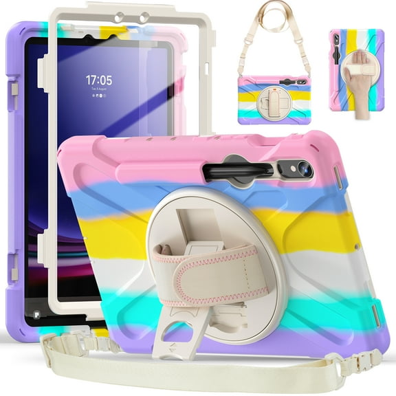 Dteck for Samsung Galaxy Tab S9 Case 2023, Heavy Duty Military Grade Drop-Proof Case for 11 Inch Galaxy Tab S9/S8/S7 with Rotating Stand Handle/Shoulder Strap Pencil Holder,Rainbow Pink
