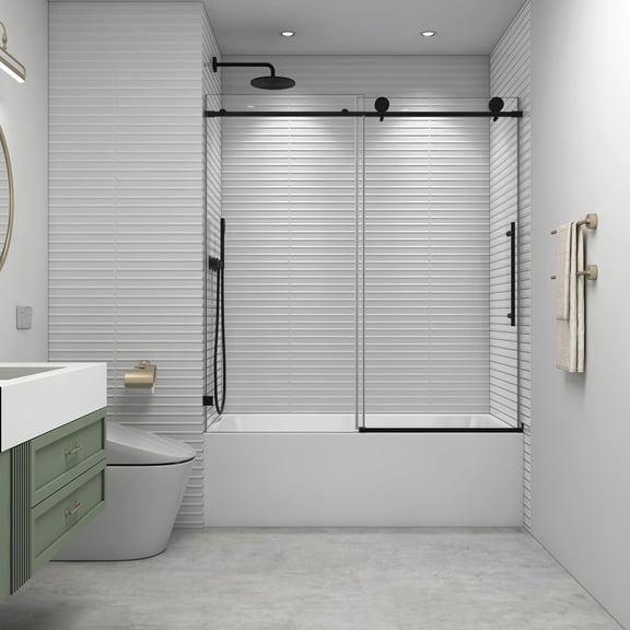 55"-60"W x 63"H Frameless Soft Close Tub Sliding Shower Door, 5/16" Glass, Matte Black