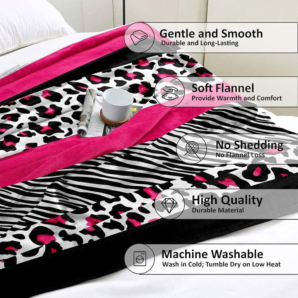 Hot Pink Leopard Throw Blanket, Cheetah Print Blanket, Black and White Zebra Print Blanket, Cozy Warm Lightweight Soft Fluffy Fuzzy Plush Flannel Fleece Blanket for Couch, Sofa, 50"x60"