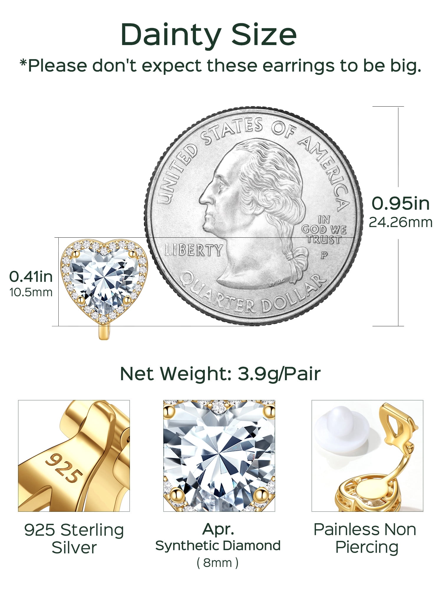 ChicSilver 925 Sterling Silver Non-Pierced Stud Earrings April Birthstone Clip-on Earrings for Women 14K Gold Plated