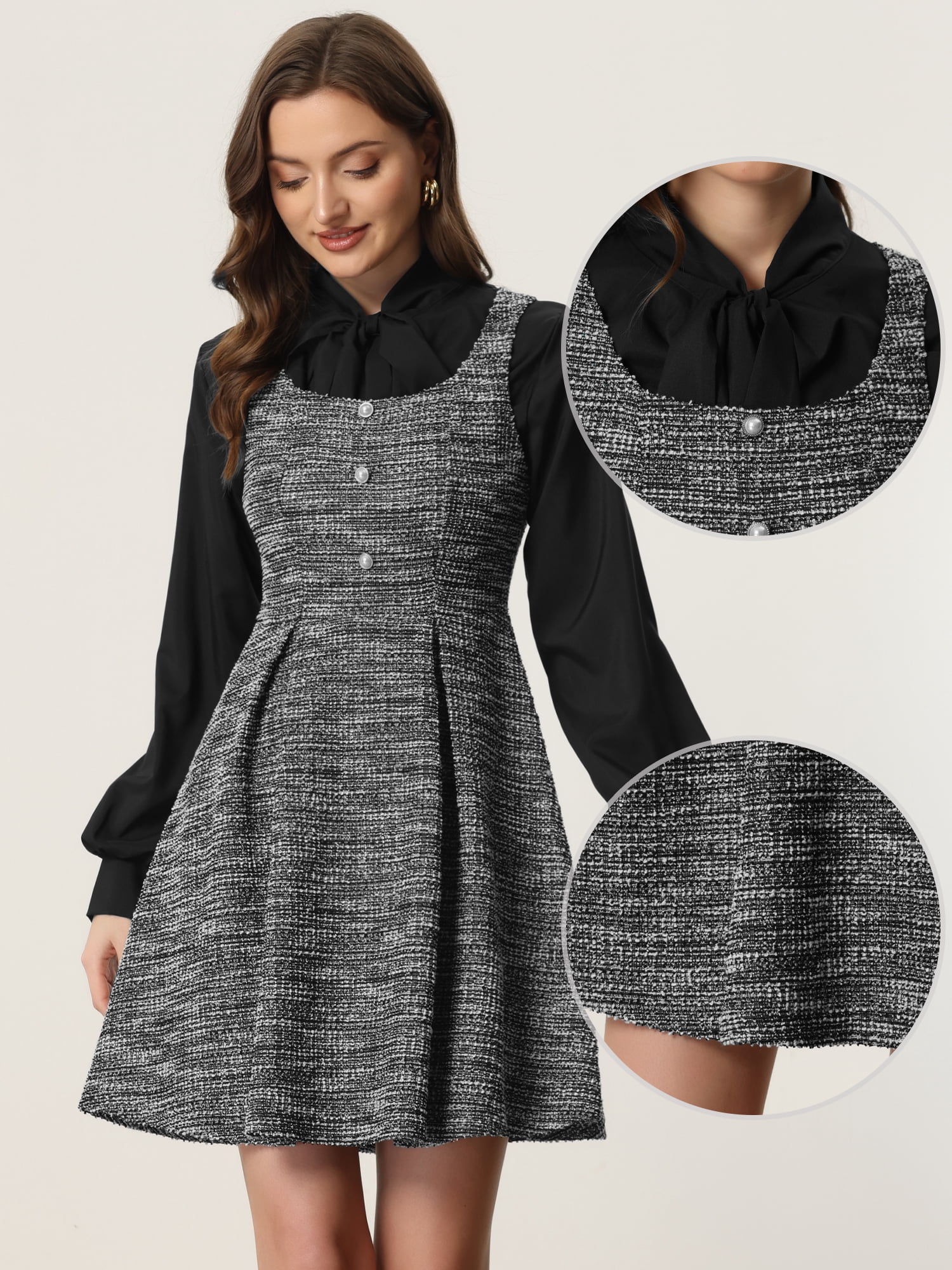 DARING DIVA Sleeveless Square Neck Button Plaid A-Line Tweed Dress XL Black