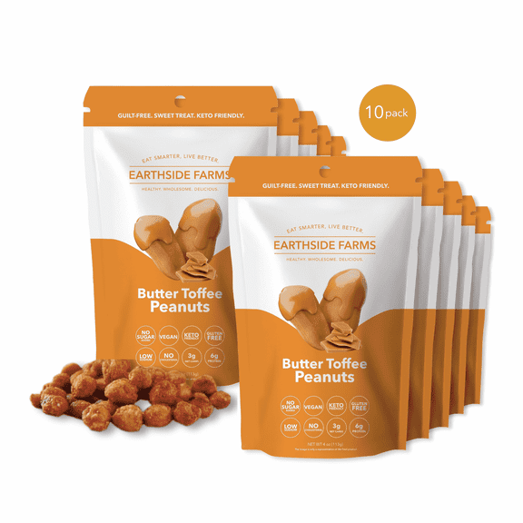 Earthside Farms Butter Toffee Peanuts, 10 Count 4oz Resealable Snack Bags, No Sugar Added, Keto Friendly, Vegan, Gluten Free, Non GMO, Low Carb, High Protein, Candied Peanuts Snack