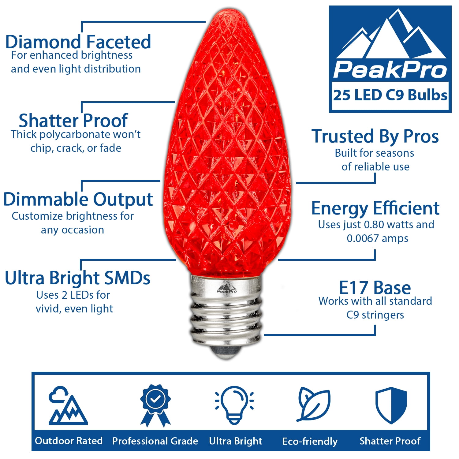 Novelty Lights Multicolor C9 LED Faceted Christmas Replacement Bulbs Dimmable 25 Pack