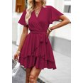 thumbnail image 2 of Womens Sexy Deep V Neck Short Sleeve Tie Waist Ruffle Hem Flowy Swing Mini Short Wrap Dress, 2 of 6
