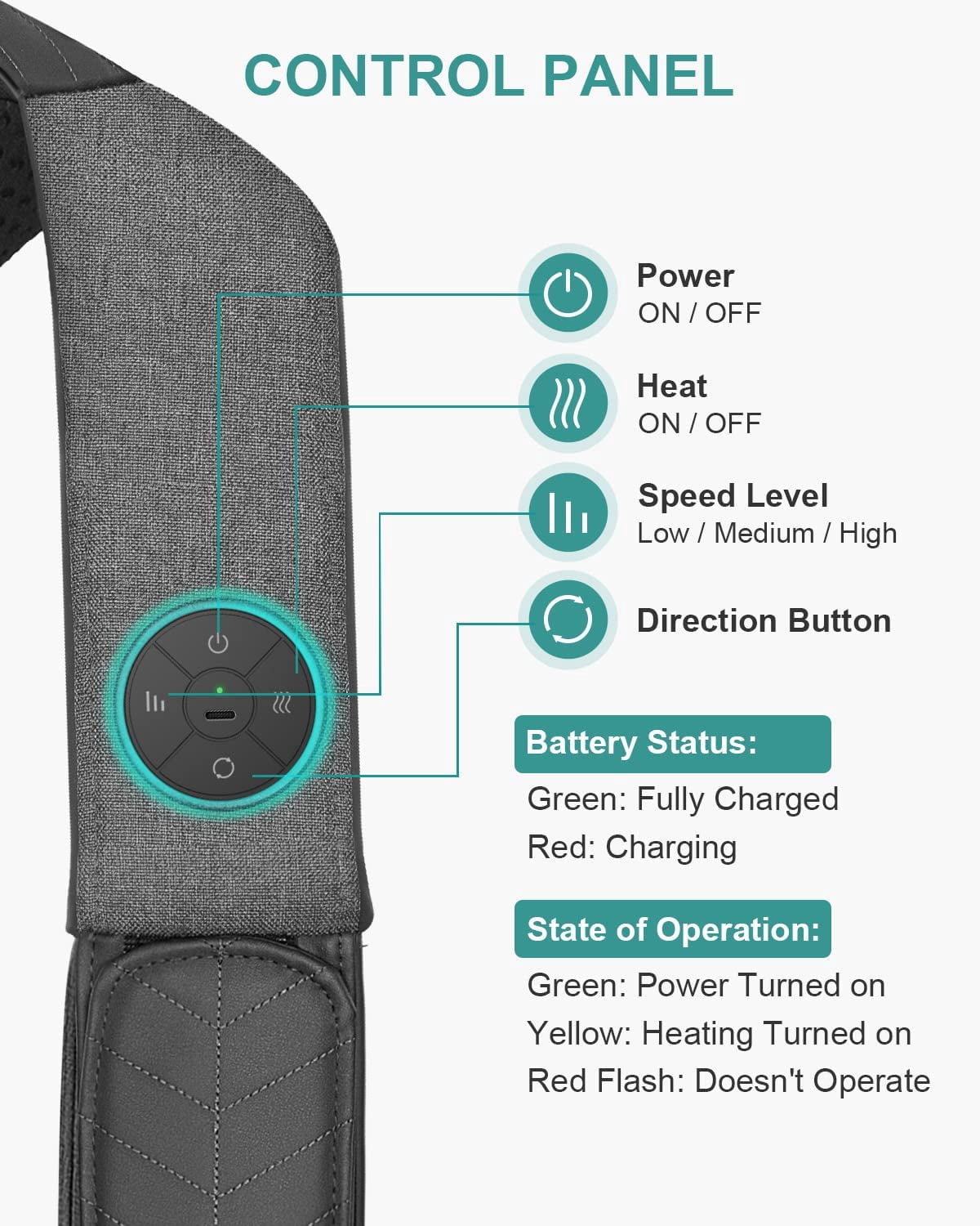 Nekteck Cordless Shiatsu Neck Massager with Heat for Pain Relief,Portable Massage Pillow - Gray