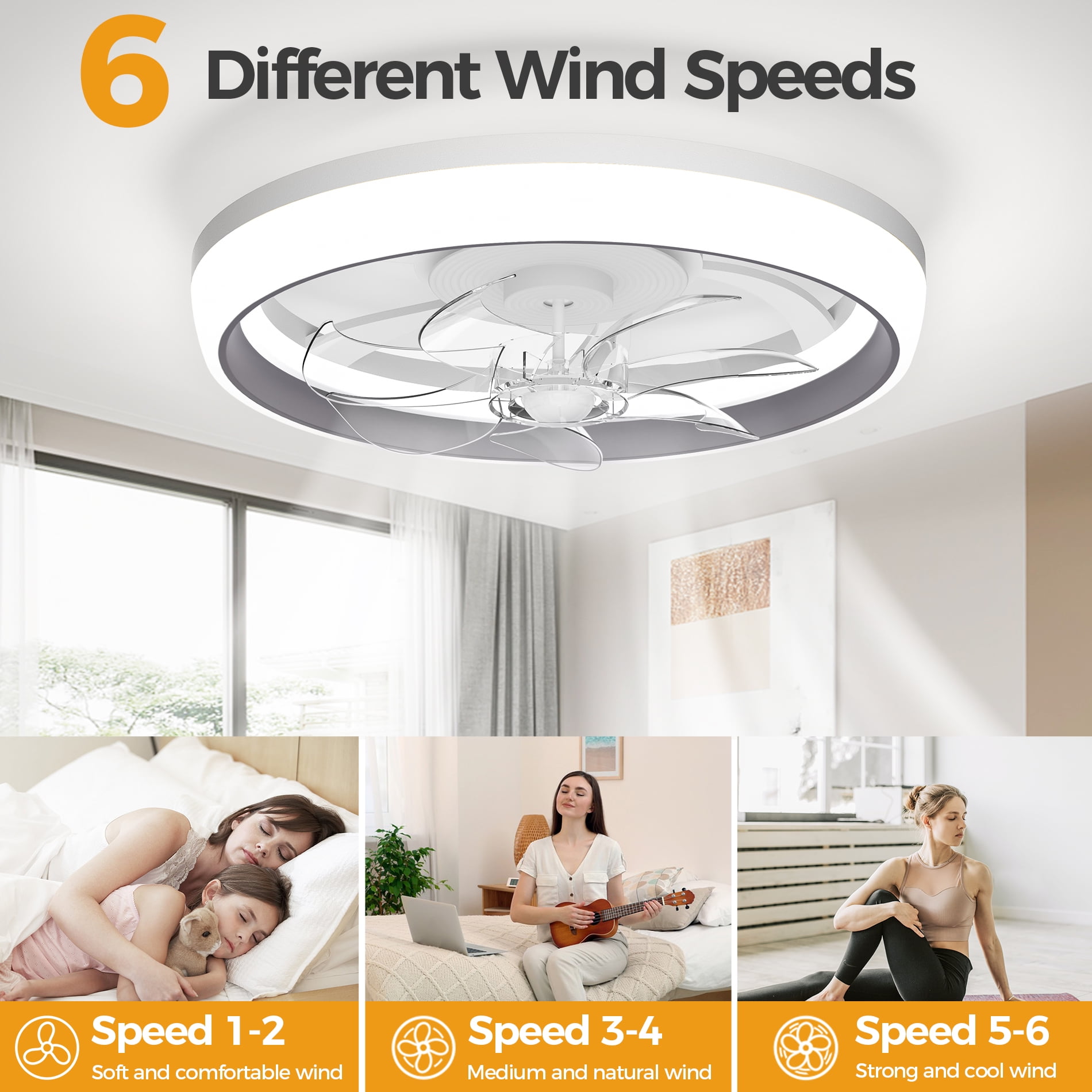 Ceiling Fan with Light, Remote & APP Control, 19" Low Profile Ceiling Fan with 3 Colors Lighting and 6 Wind Speeds, Invisible Bladeless Ceiling Fan