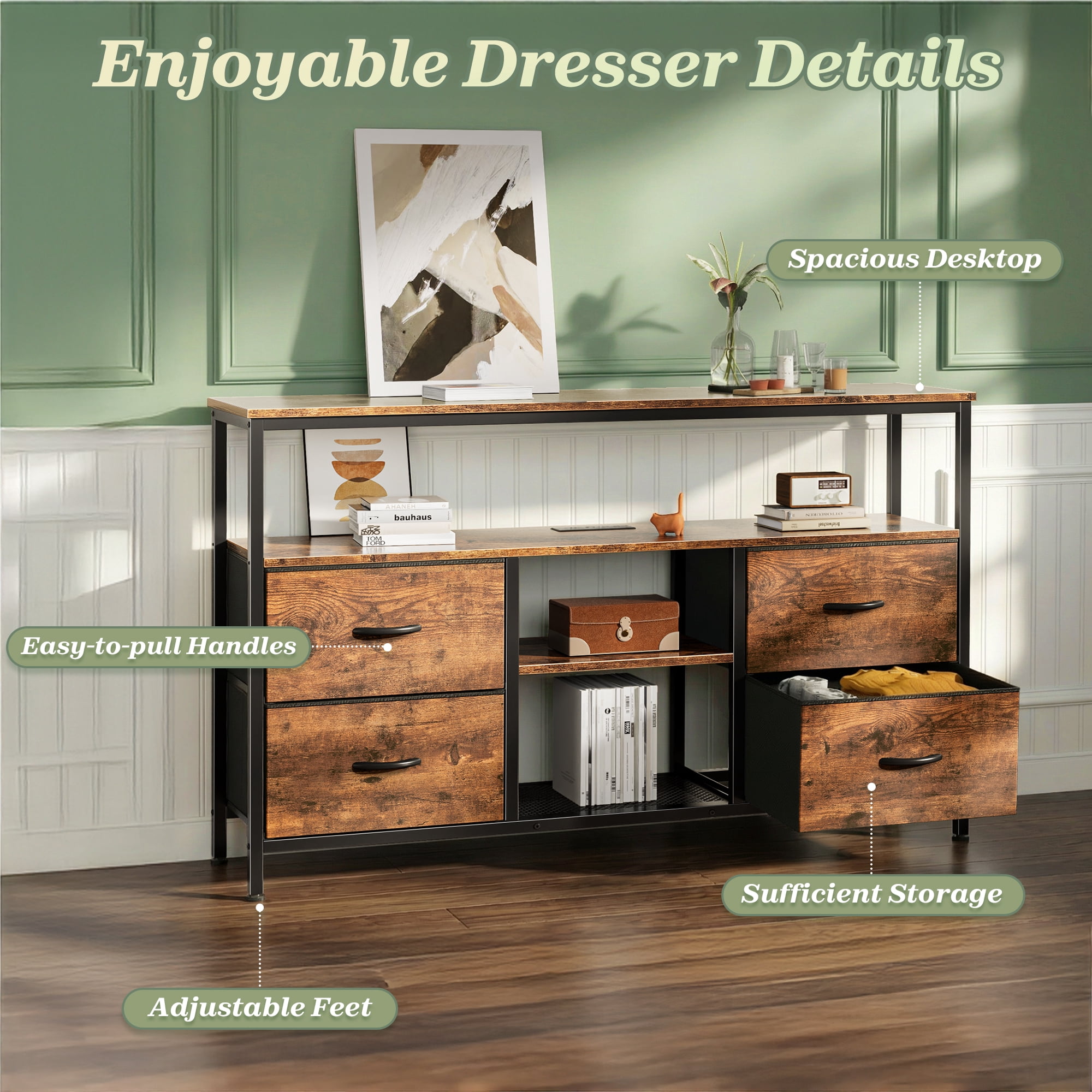 Amadwell TV Stand with Power Outlets & LED Lights, 4 Drawer Dresser Entertainment Center, Media Console with Open Shelf
