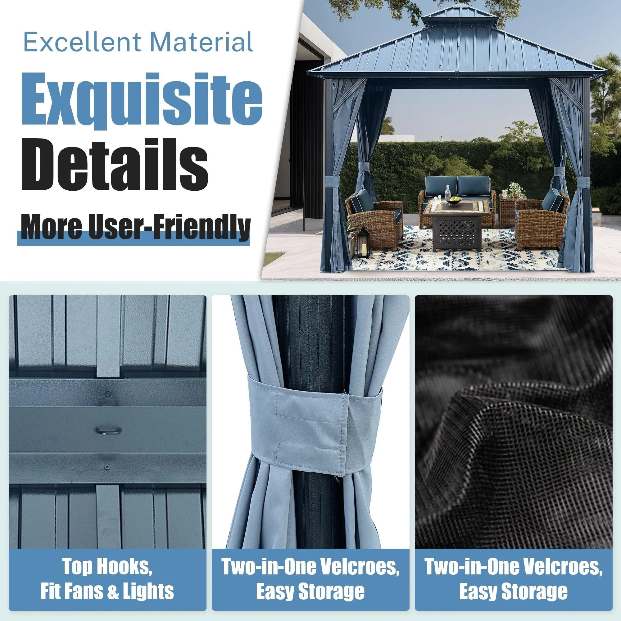 10' X 10' Hardtop Gazebo with Galvanized Steel Double Roof, Aluminum Frame Gazebos with Curtains and Netting, Outdoor Metal Pavilion for Patio, Lawn, and Garden, Grey