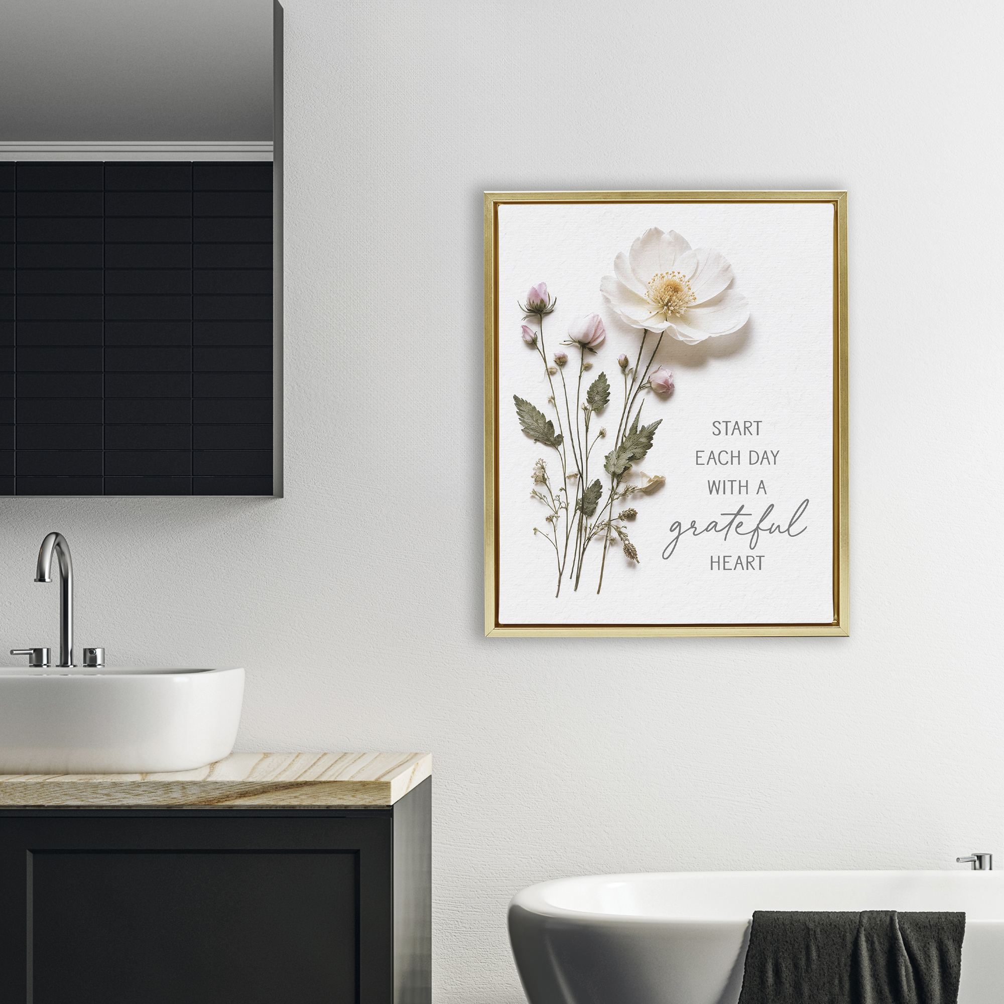 Grateful Heart Pressed Flowers Gold Framed Floater Canvas Wall Art, design by Lettered and Lined