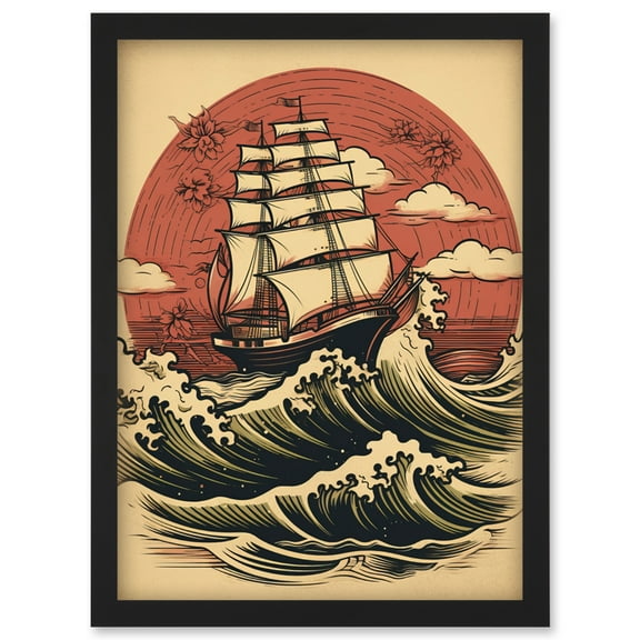 Ship Sailing in Rough Sea Waves Retro Rockabilly Americana 50s Artwork Framed Wall Art Print A4